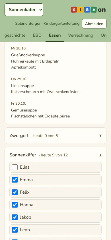 KiGa on am Handy: Essen ankreuzen (Beispieldaten)