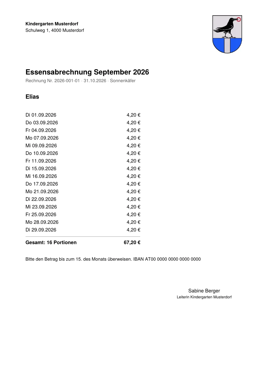 Rechnung für ein Kind als PDF (Beispieldaten)